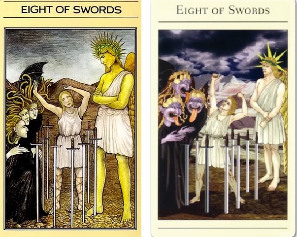 The Eight of Swords from the Mythic Tarot is displayed next to the Eight of Swords from the New Mythic Tarot.