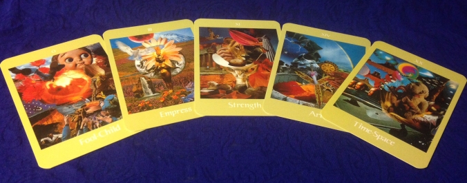 A spread of five Major Arcana cards from the Voyager Tarot.