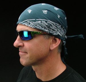 Wearing a bandana as a skullcap. A particularly masculine look.